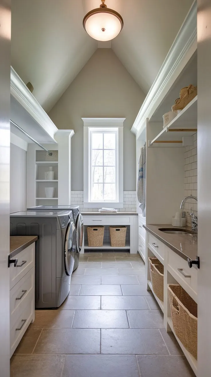 High ceilings and abundant natural light transform this laundry room into a bright and airy haven. The modern design, complete with a utility sink, ample counter space, and clever storage solutions, makes even laundry day feel a little less mundane. A true testament to how even utilitarian spaces can be stylish and functional.