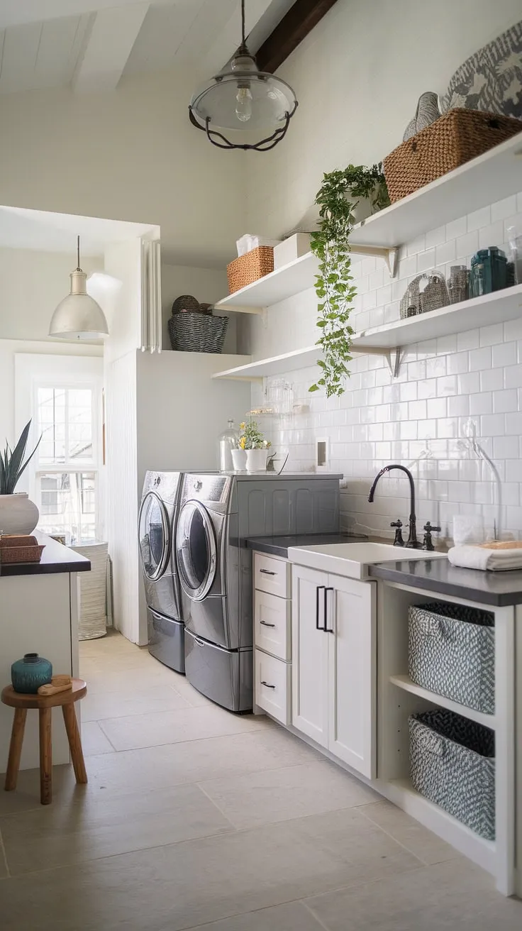 This transitional laundry room seamlessly blends functionality and style. The high ceilings and ample space create a bright and airy atmosphere, while the modern cabinetry and sleek appliances ensure effortless laundry days. A perfect example of how even utilitarian spaces can be elevated with thoughtful design.