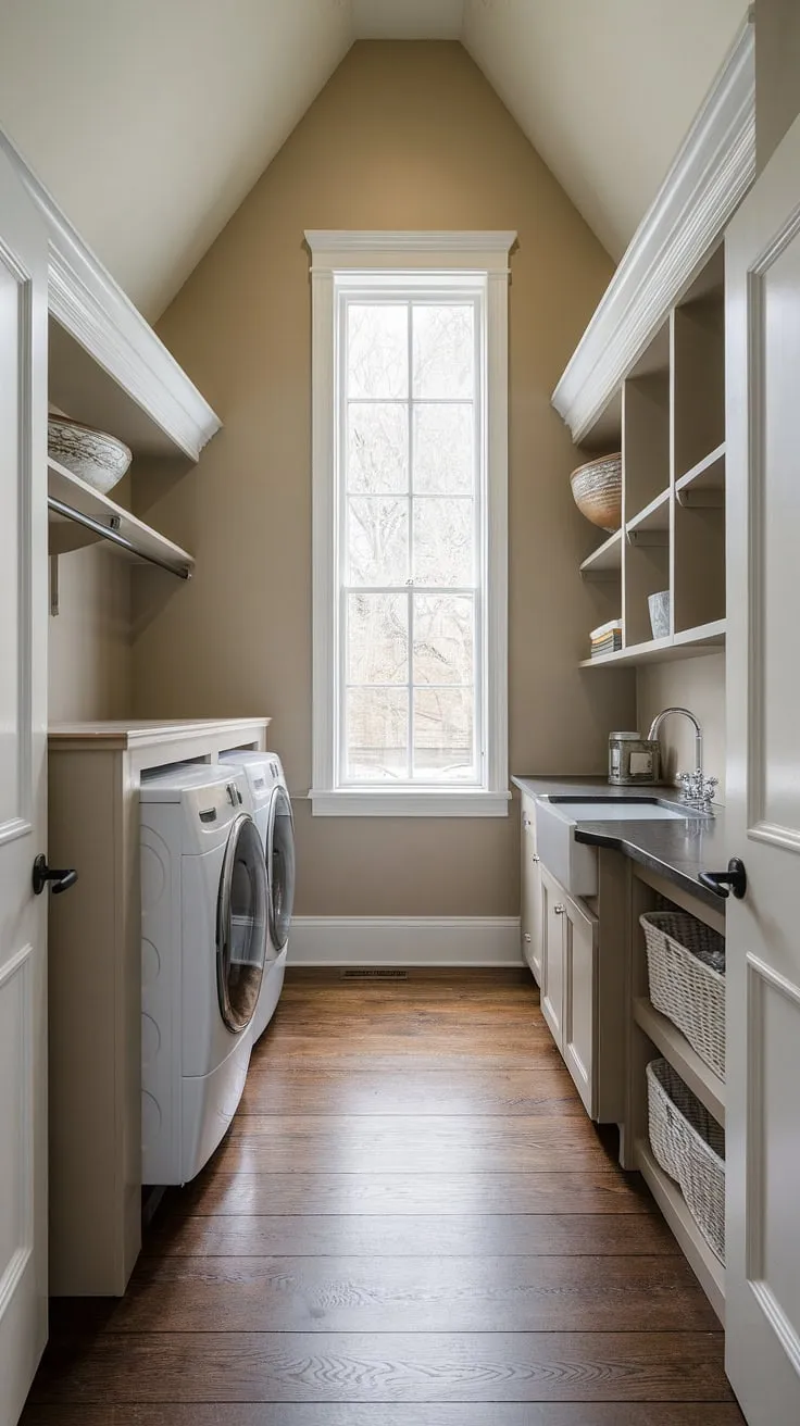 This transitional laundry room seamlessly blends modern functionality with a touch of warmth. High ceilings and a thoughtful layout maximize space, while the wood flooring and neutral tones create a calming atmosphere. The added countertop and shelving provide ample storage, making laundry day a breeze.