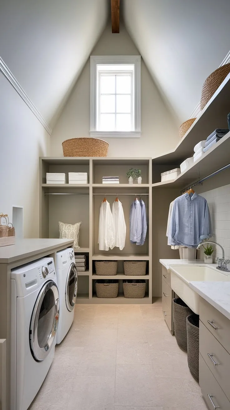 High ceilings and abundant natural light transform this laundry room into a bright and airy space. The clean lines and functional design, featuring a modern sink and ample storage, create a seamless blend of practicality and style. A perfect example of how even utilitarian spaces can be beautifully designed.