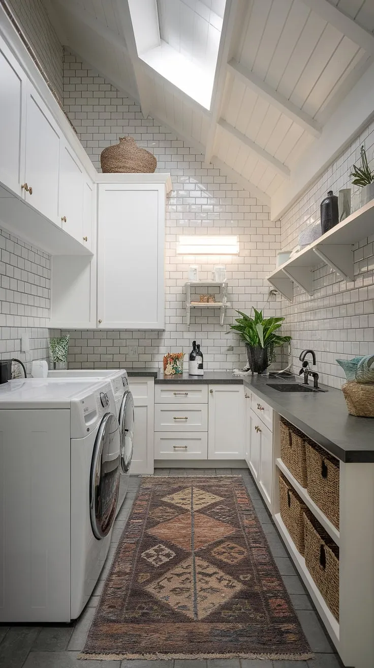 High ceilings and abundant natural light make this laundry room feel surprisingly spacious. A well-designed layout seamlessly integrates a washer and dryer, a convenient sink, and ample counter space with storage. The clean lines of the white cabinetry and tile backsplash are complemented by the addition of a few carefully chosen plants and decorative items, creating a functional and stylish space that's as pleasing to the eye as it is practical.