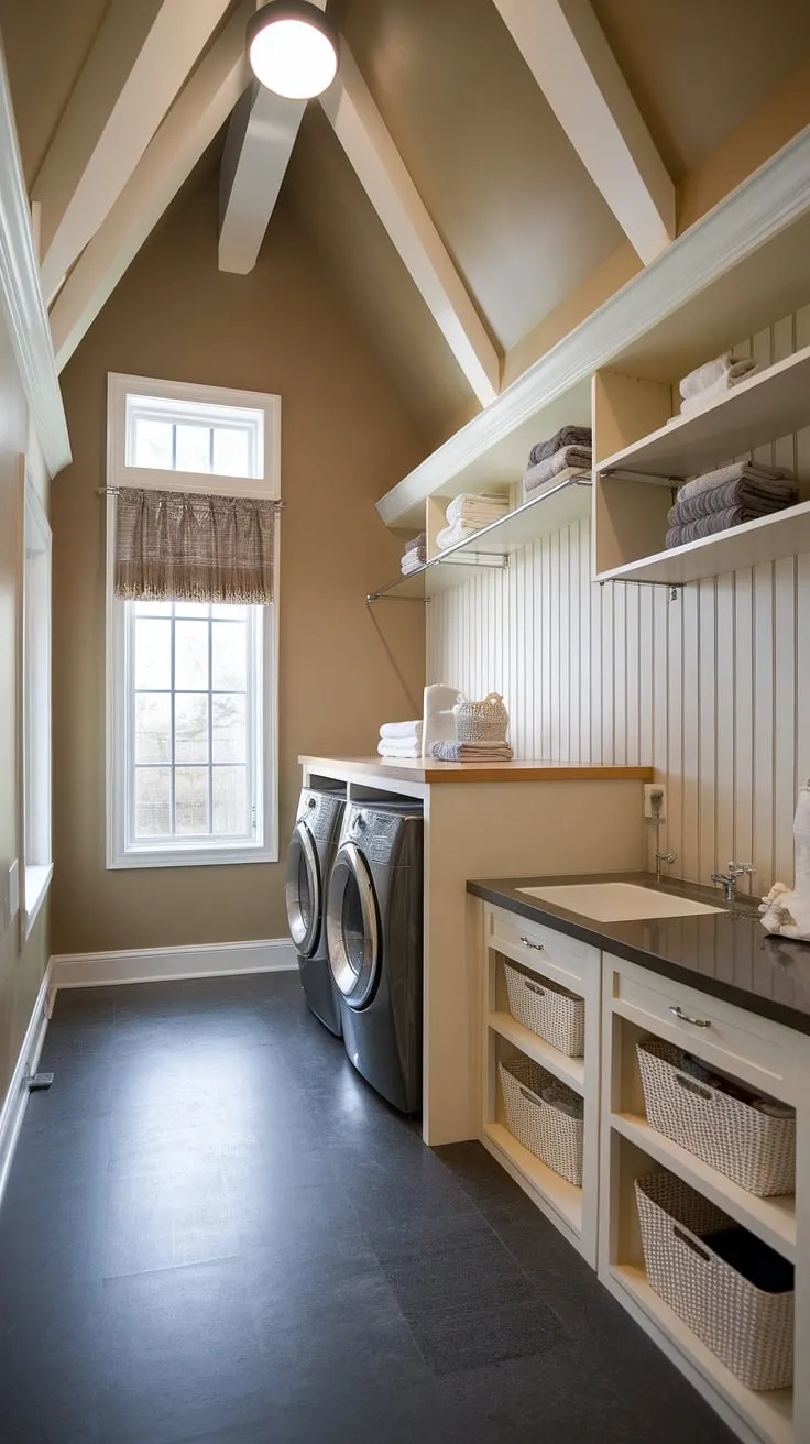 Elevated laundry day. This stunning space proves that even utilitarian areas can be both functional and beautiful. The thoughtful layout, incorporating a sink, abundant storage, and a bright window, transforms this room into a stylish and efficient hub. A perfect example of how attention to detail can elevate the everyday.