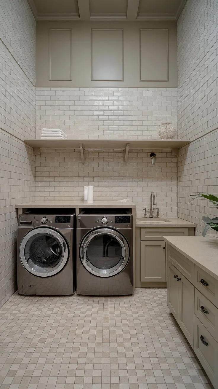 This transitional laundry room seamlessly blends function and style. The high ceilings and sleek appliances create a surprisingly spacious and sophisticated feel, while the beige tile and checkered floor add a touch of understated elegance. A perfect blend of practicality and design.