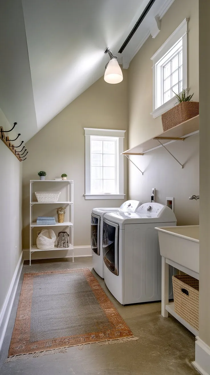 High ceilings and abundant natural light transform this laundry room into a bright and airy space. The thoughtful design, incorporating practical elements like a utility sink and ample shelving, ensures both efficiency and a sense of calm. A true testament to the power of smart design in even the most utilitarian areas of the home.