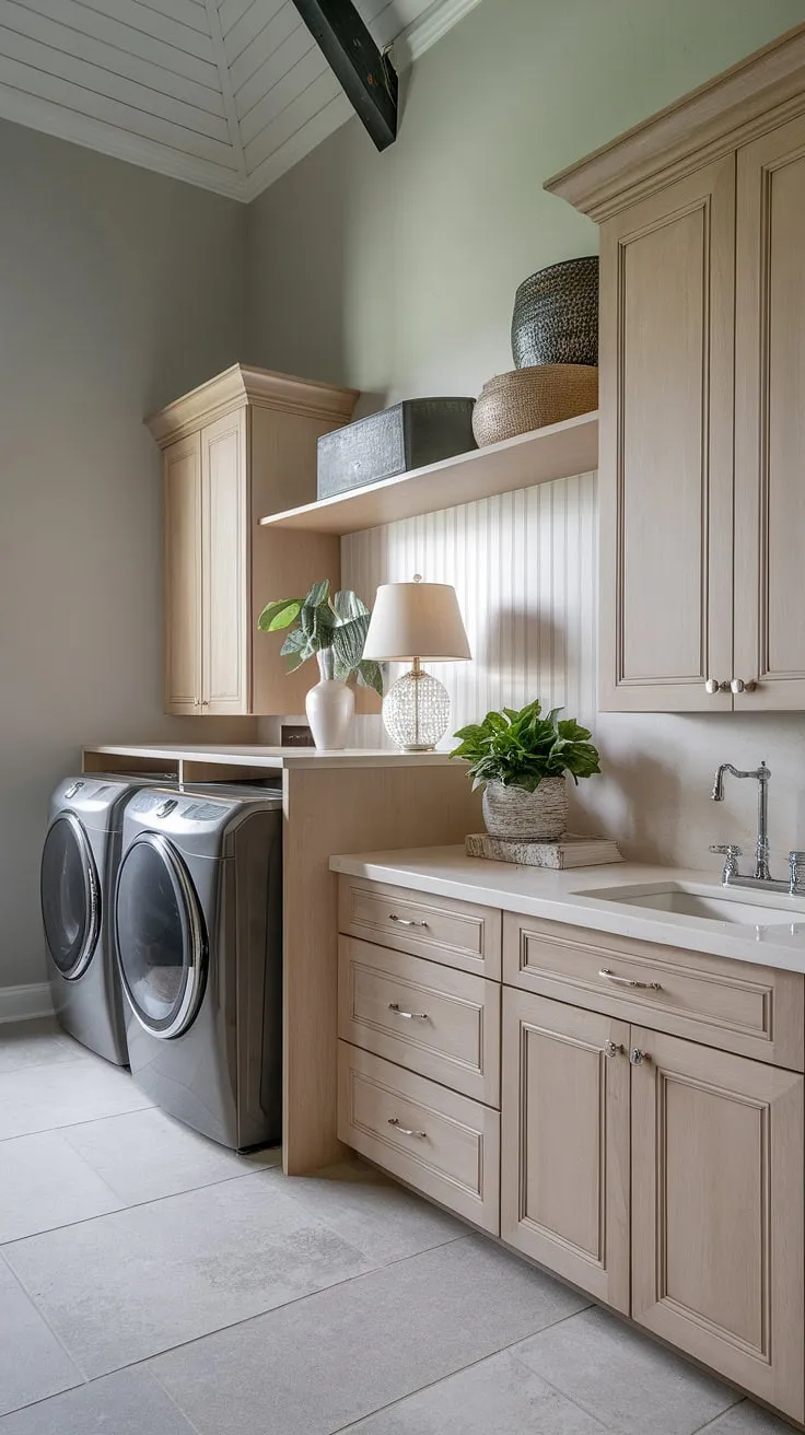 Laundry day just got an upgrade. This transitional laundry room, with its high ceilings and ample storage, proves functionality and style can coexist beautifully. The light wood cabinets and neutral palette create a calming atmosphere, while the thoughtful layout ensures everything is within easy reach. A perfect blend of form and function.