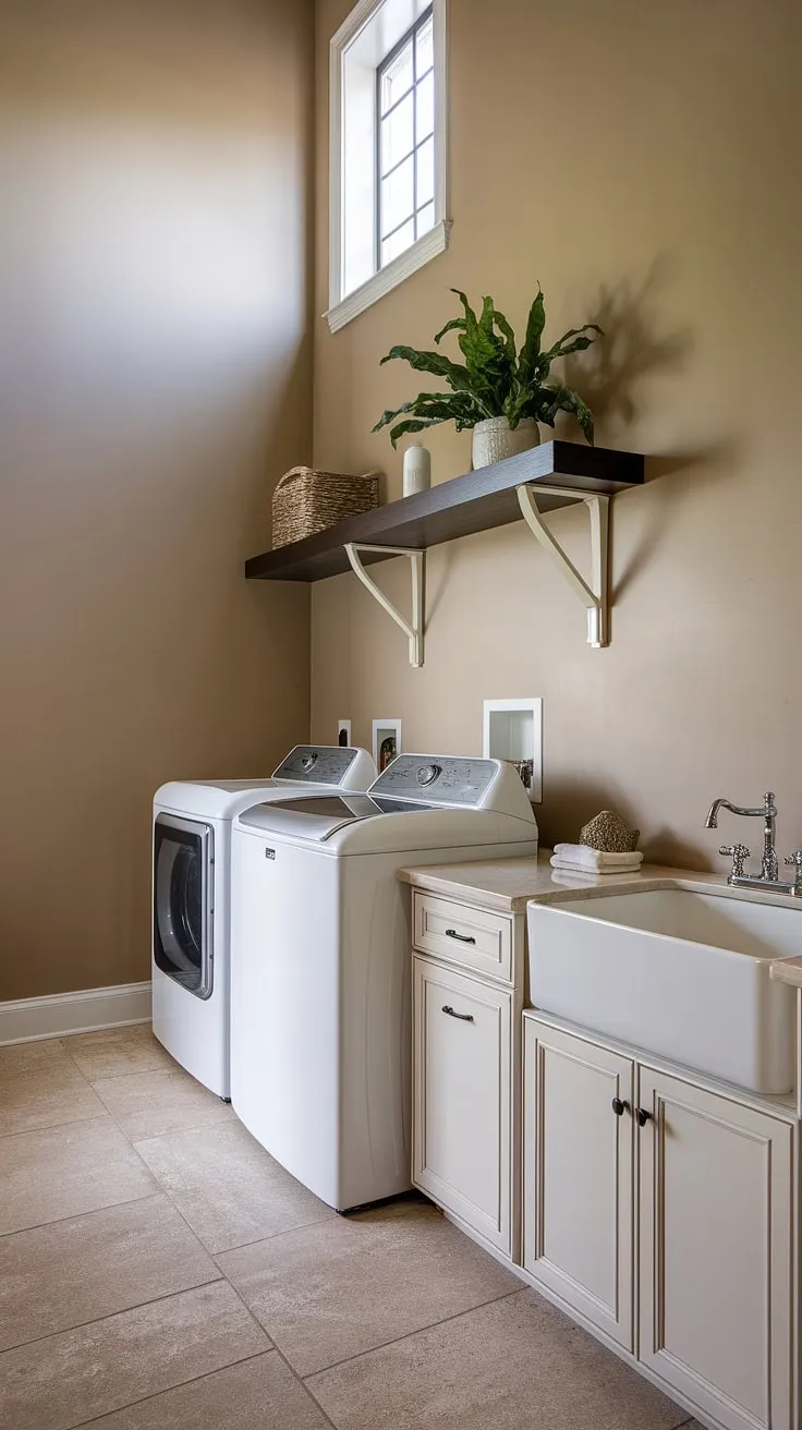Sunlight streams into this airy laundry room, highlighting the crisp white appliances and calming beige tones. The high ceilings and thoughtful details, like the dark wood shelf and potted plant, elevate this functional space into a stylish haven. A perfect blend of practicality and design.