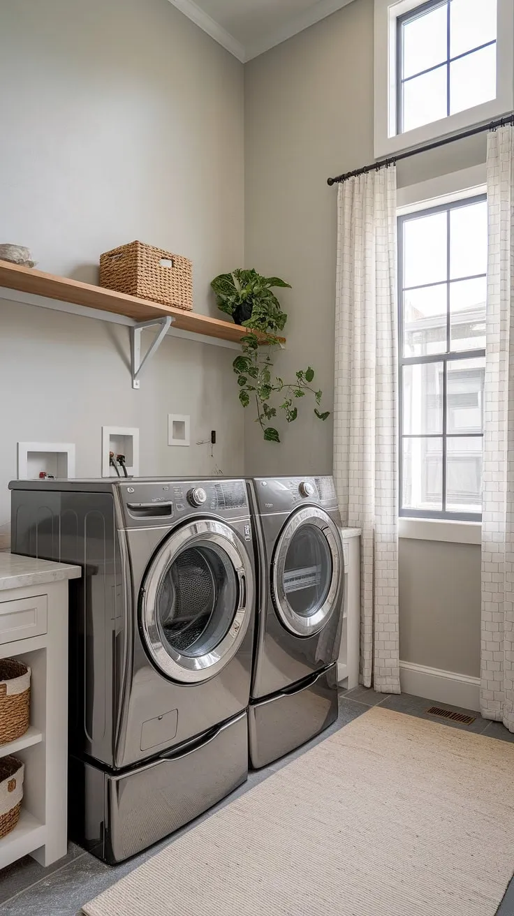 High ceilings and ample space make this laundry room a dream. The transitional design, featuring a sleek washer and dryer set, blends seamlessly with the warm wood accents and soft grey walls, creating a functional yet stylish space. A perfect example of how even utilitarian areas can be elevated with thoughtful design.
