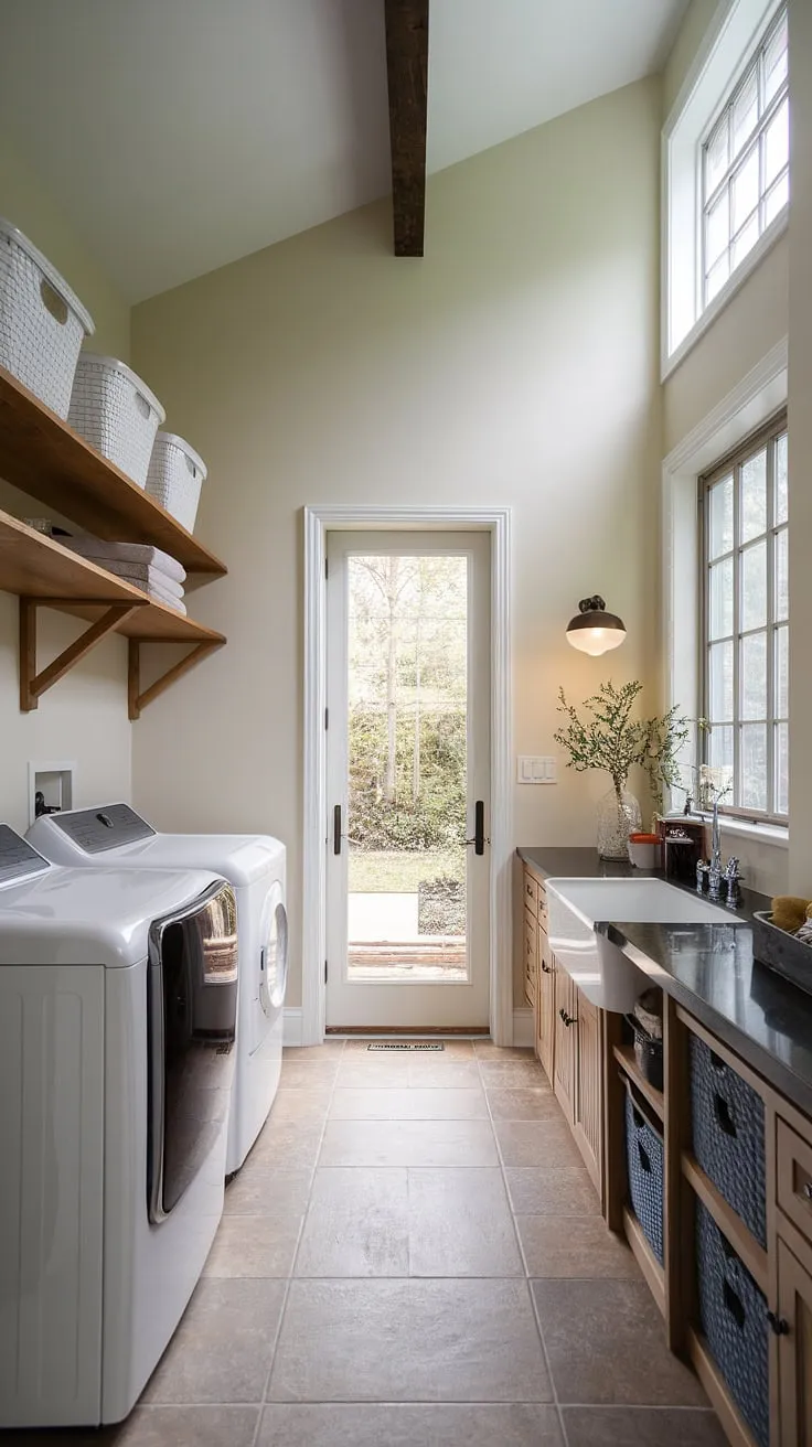 This laundry room seamlessly blends functionality and style. The high ceilings and ample natural light create an airy atmosphere, while the thoughtful storage solutions, including the wooden shelf and under-sink cabinet, keep everything organized and easily accessible. A true testament to efficient design.