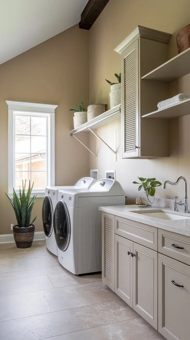 This laundry room seamlessly blends functionality with sophisticated style. The high ceilings create an airy atmosphere, while the thoughtful design incorporates ample storage, a convenient sink, and a touch of nature with a potted plant, transforming a chore into a pleasant experience. A true testament to the power of design.