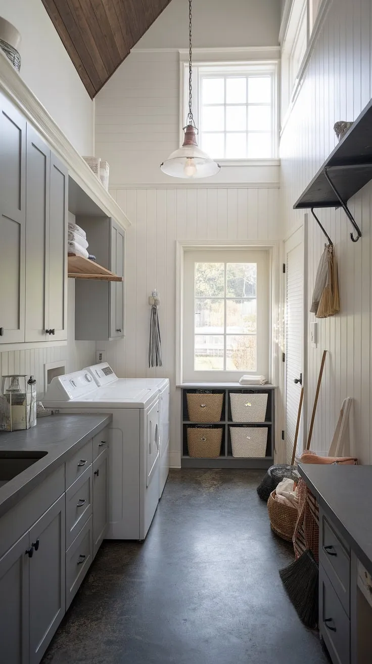 Sunlight streams into this airy laundry room, illuminating the sleek white and grey cabinetry and the vintage pendant light above the washer and dryer. The high ceilings and concrete floor add an industrial-chic touch, while the storage baskets and hooks keep everything organized and within easy reach. A perfect blend of modern functionality and timeless style.