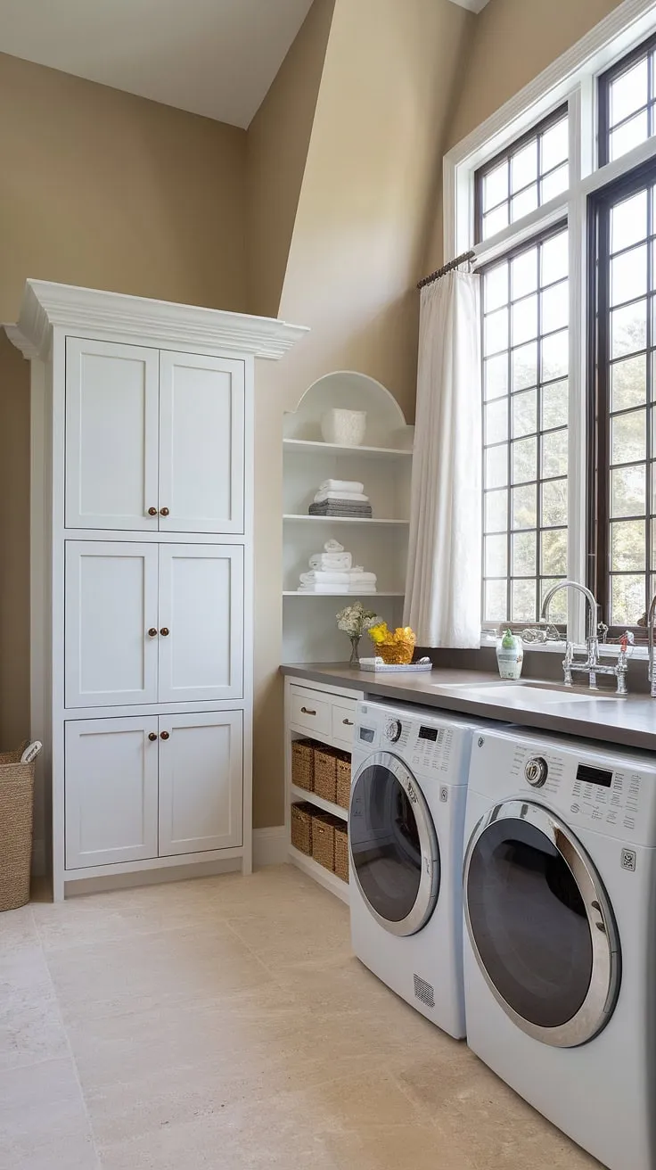 This laundry room redefines functionality. A calming beige palette, high ceilings, and a generous window with flowing curtains create a serene atmosphere. The modern appliances and well-designed cabinetry, including ample storage for detergents, make laundry day a breeze. A true haven of home organization.