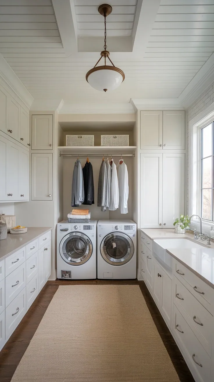 This transitional laundry room seamlessly blends functionality and style. The high ceilings and bright natural light create an airy atmosphere, while the clean white cabinetry and ample storage provide a practical and organized space. A perfect example of how even a utilitarian space can be elevated with thoughtful design.