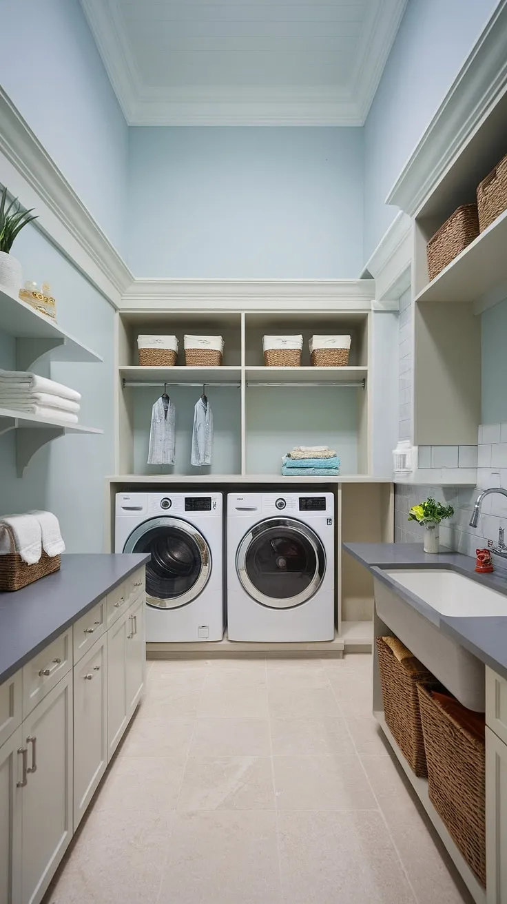 This transitional laundry room boasts a high ceiling and ample space, making chores feel less like a chore. The sleek white cabinets, gray countertop, and light blue walls create a calming atmosphere, while the added shelving and hanging rod maximize storage and organization. A true testament to functional beauty.