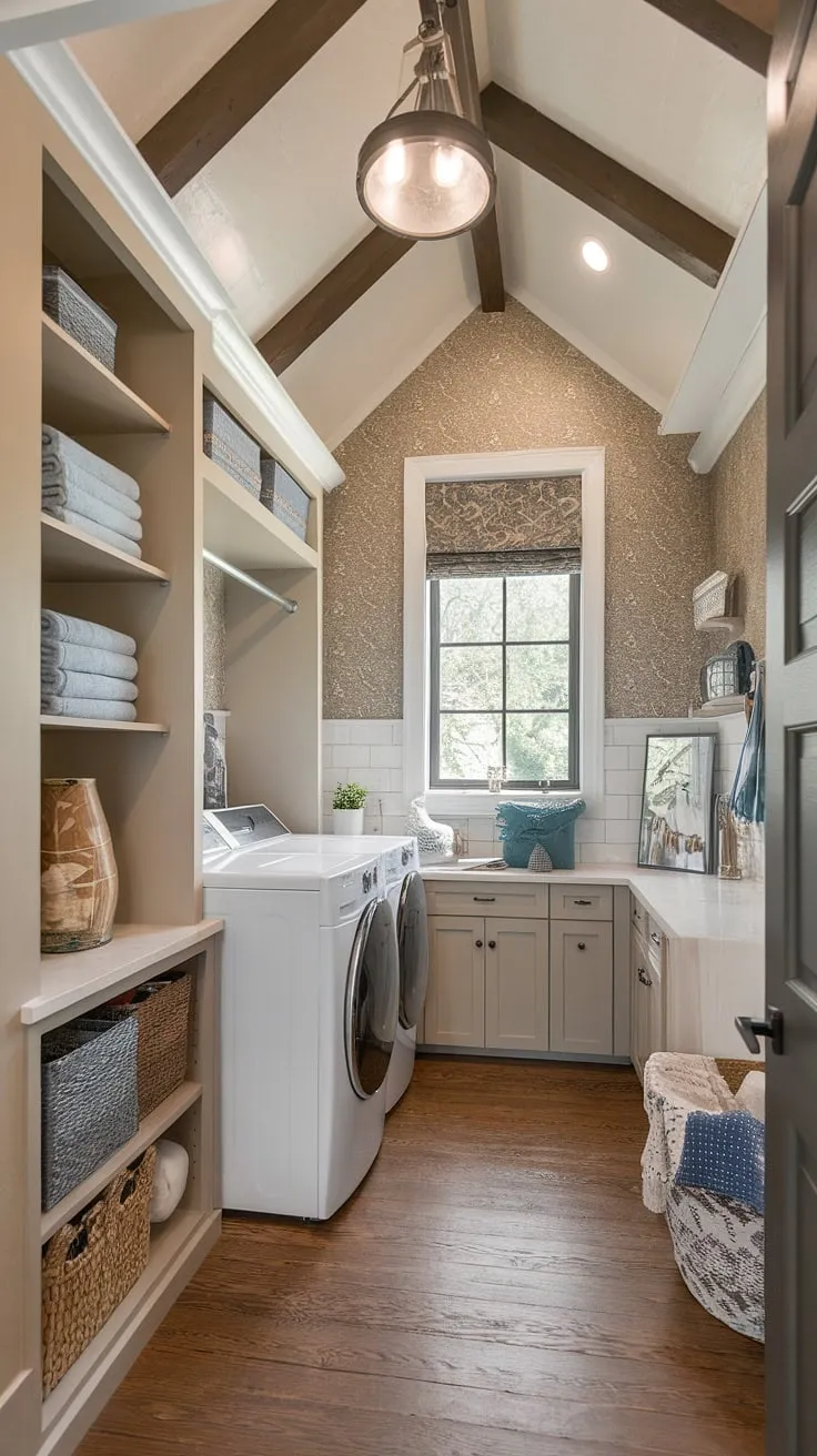 This transitional laundry room boasts ample storage and a spacious layout, perfect for streamlining your chores. High ceilings and warm wood floors create a welcoming atmosphere, while thoughtful details elevate this functional space into a design statement. A true testament to how even utilitarian areas can be stylish and efficient.