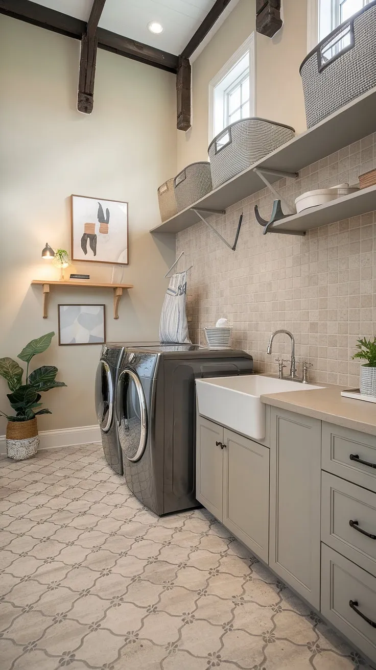Laundry day just got an upgrade. This transitional laundry room boasts a high ceiling, ample counter space, and stylish storage solutions, making even chores feel luxurious. A functional and aesthetically pleasing space, perfectly designed for modern living.