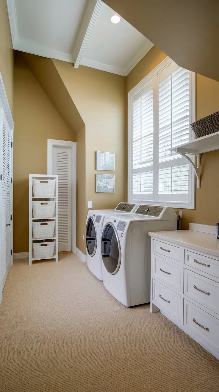 This transitional laundry room seamlessly blends functionality and style. The high ceilings and neutral palette create a bright and airy space, while the white cabinetry and ample storage solutions, including the convenient shelving above the washer and dryer, maximize efficiency. A calming retreat for chores.