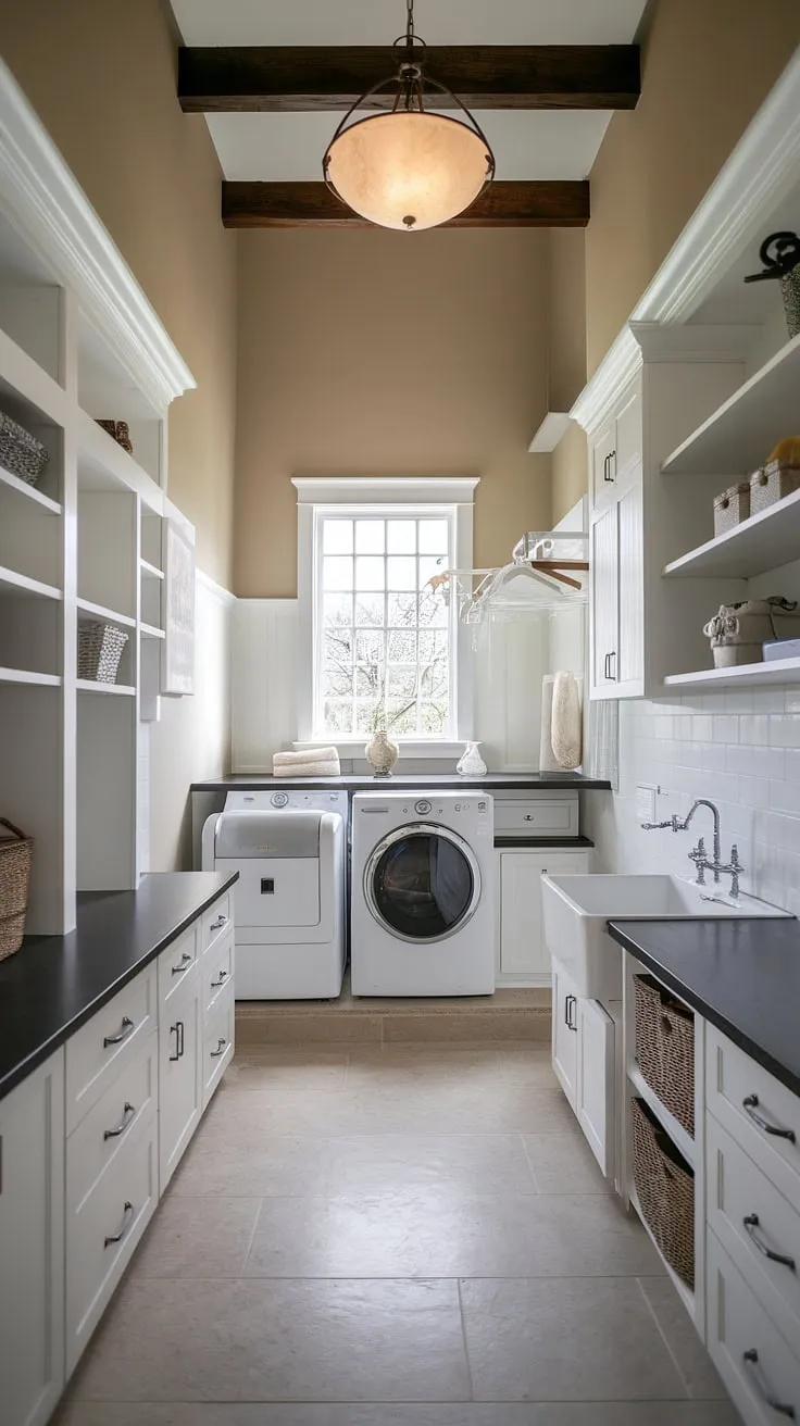 High ceilings and a thoughtful layout define this stunning laundry room. The combination of white cabinetry, dark countertops, and a convenient utility sink makes laundry day a breeze. Abundant storage and a modern feel elevate this essential space into a stylish and functional haven.