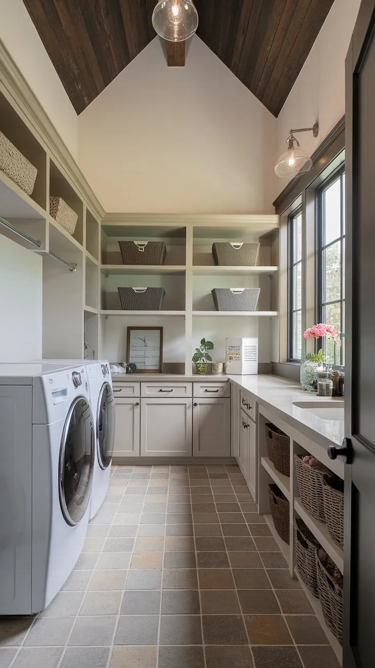 Sunlight streams into this bright and airy laundry room, showcasing its seamless blend of modern functionality and transitional style. The high ceilings and thoughtful organization, including ample shelving and baskets, create a space that's both efficient and aesthetically pleasing. A practical utility sink and stylish cabinetry complete this dream laundry area.
