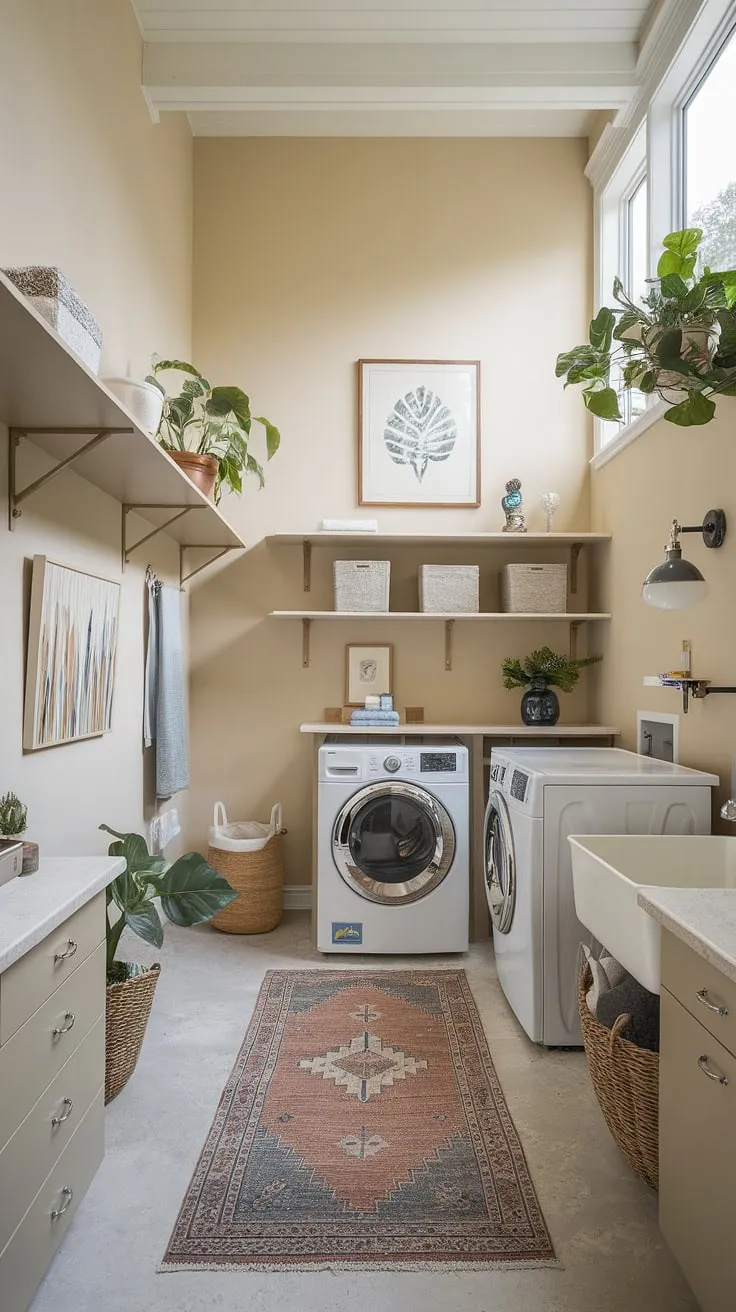 This bright and airy laundry room seamlessly blends functionality with style. The high ceilings and spacious layout create a welcoming atmosphere, while ample storage and a convenient laundry sink make chores a breeze. A touch of greenery and soft lighting add warmth to this perfectly designed space.