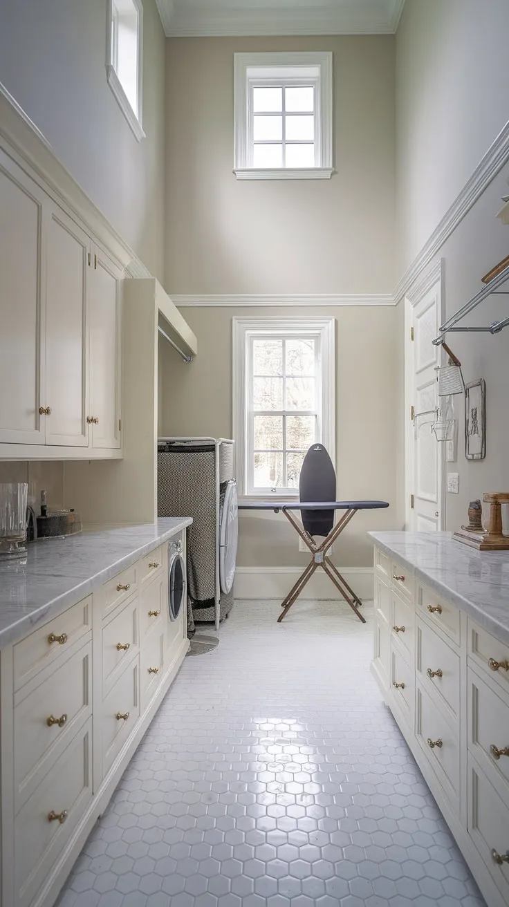 This bright and airy laundry room is the epitome of clean and efficient. A perfect blend of style and practicality, it boasts plenty of cabinet space, a convenient laundry sorter, and a calming color palette that makes doing laundry a breeze. A dream space for any homeowner.
