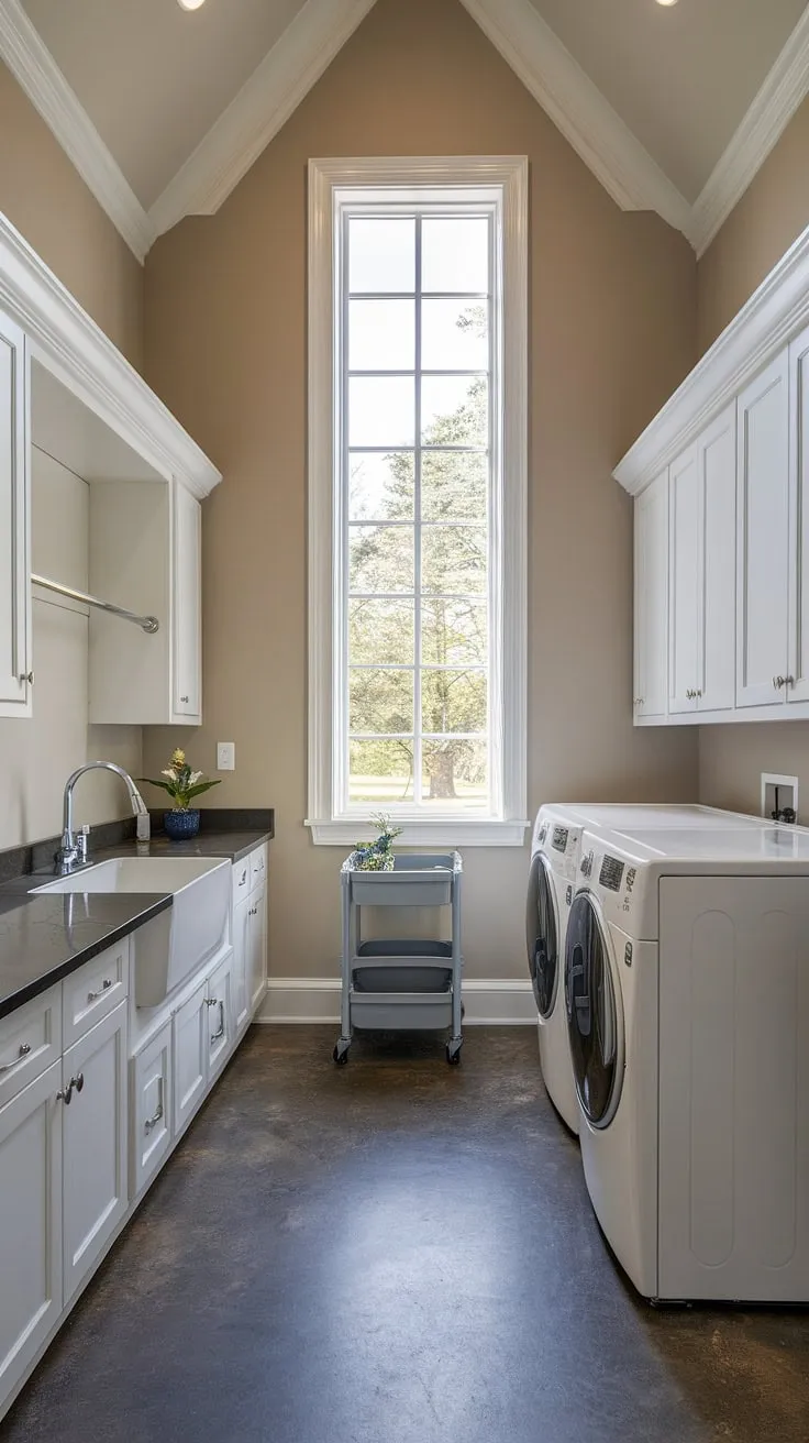 This transitional laundry room effortlessly blends style and practicality. The large window floods the space with natural light, highlighting the clean lines of the white cabinetry and the industrial chic of the concrete floor. A well-organized space, complete with a convenient utility cart and ample storage, makes laundry day a breeze.