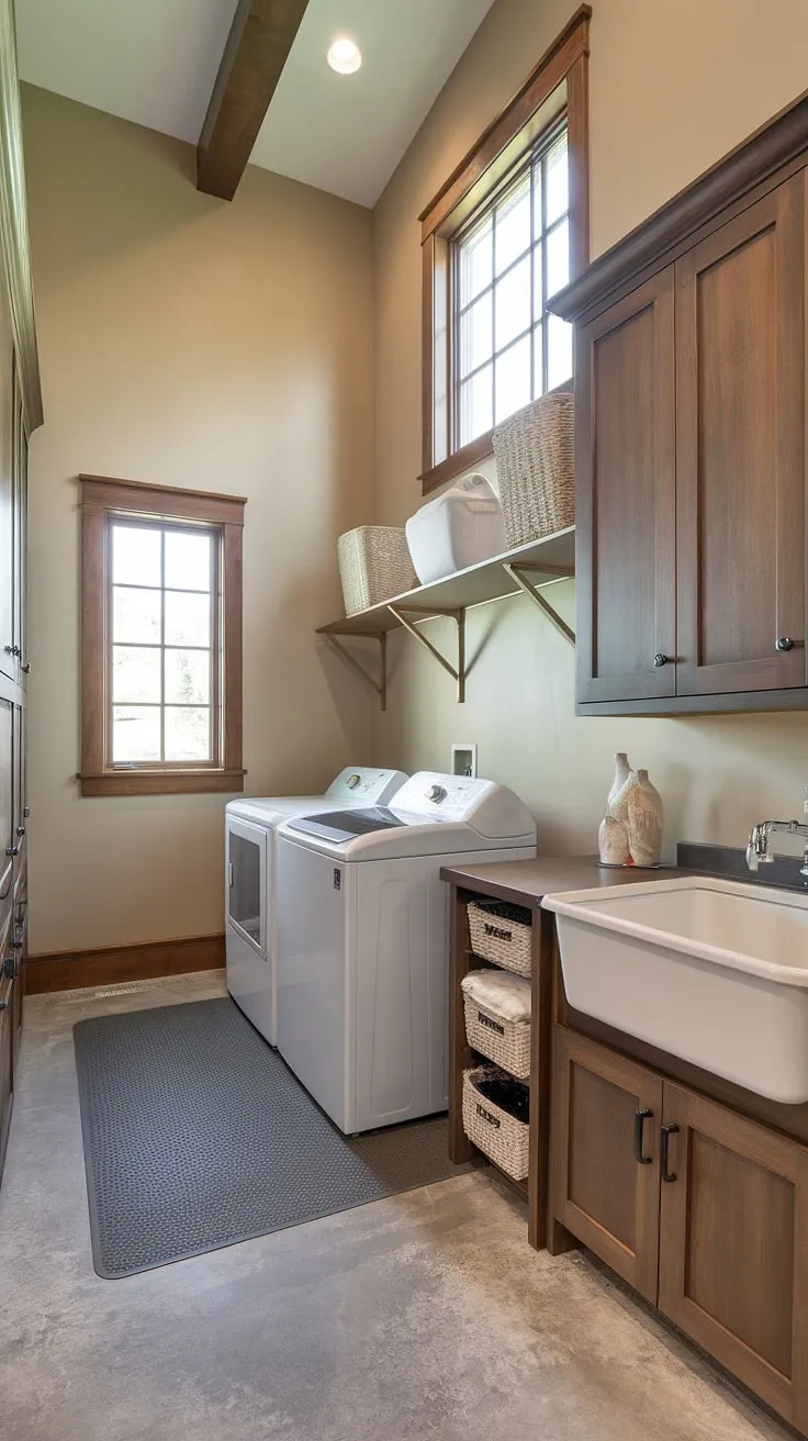 This transitional laundry room boasts ample storage, a convenient utility sink, and a high ceiling that creates an airy and surprisingly spacious feel. The warm wood tones complement the neutral walls, making it a functional yet stylish addition to the home.