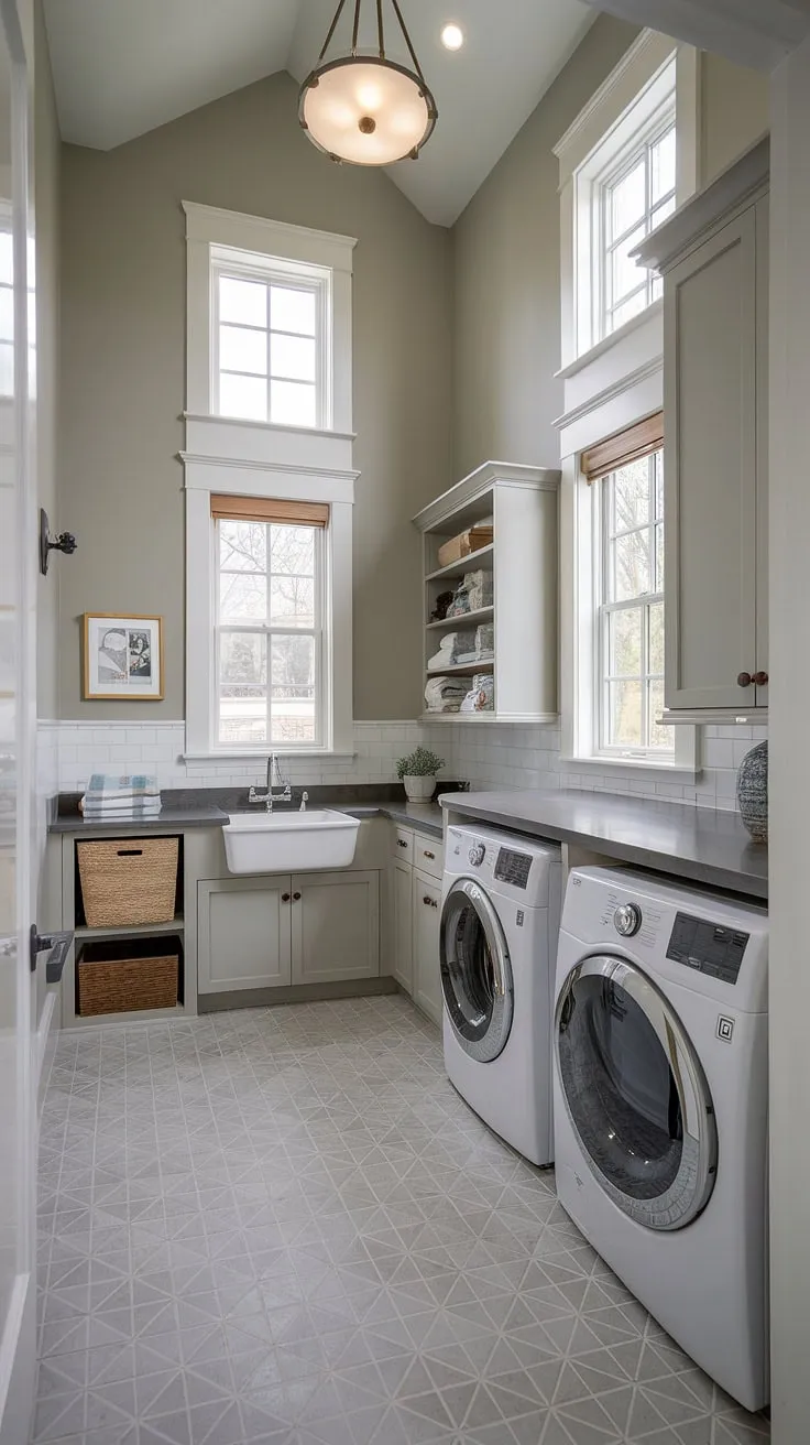 High ceilings and natural light transform this laundry room into a bright and airy haven. A modern aesthetic, complemented by stylish cabinetry and a practical layout, makes laundry day a little less of a chore. The thoughtful integration of storage and functionality creates a space that's both beautiful and incredibly efficient.