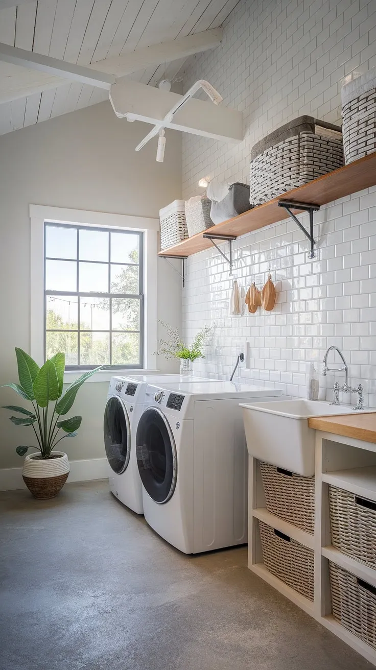 This transitional laundry room seamlessly blends function and style. The high ceilings and concrete floors create a spacious, modern feel, while the subway tile and wood shelving add warmth and character. A practical layout, complete with ample storage and a touch of greenery, elevates this essential space into a stylish haven.