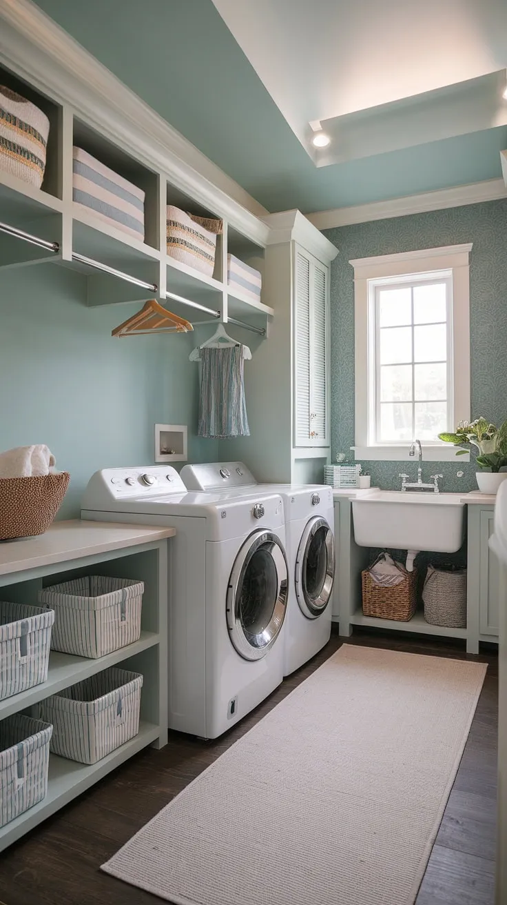 This transitional laundry room seamlessly blends functionality and style. The high ceilings and light blue walls create an airy atmosphere, while ample storage solutions, including shelves, baskets, and a hanging rod, keep everything organized. A convenient sink and the natural light from the window complete this thoughtfully designed space.