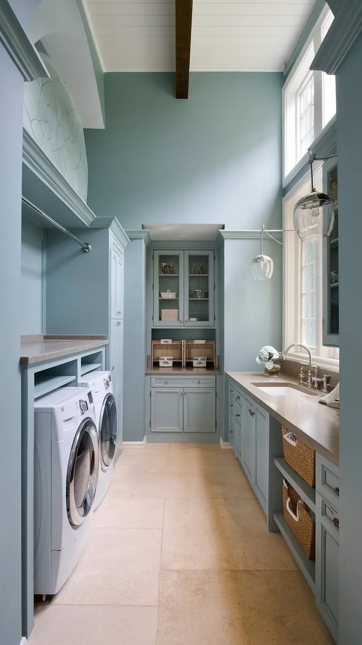 This transitional laundry room seamlessly blends functionality and style. The high ceilings and light blue walls create an airy atmosphere, while the ample counter space and smart storage solutions ensure effortless organization. A bright window adds a cheerful touch to this practical yet elegant space.