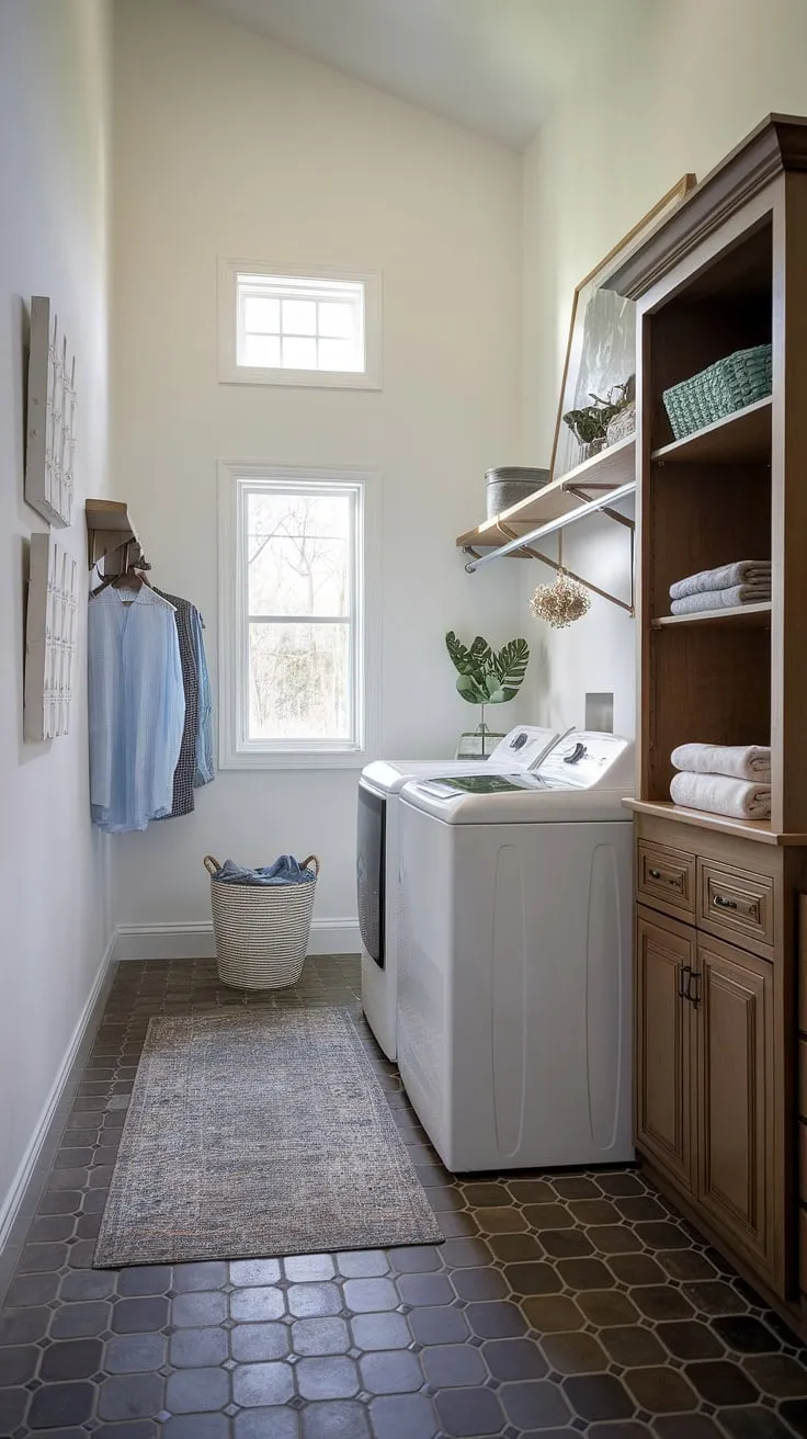 This bright and airy laundry room seamlessly blends functionality with style. The high ceilings and natural light create a welcoming atmosphere, while the wooden cabinetry and tasteful artwork add a touch of warmth and personality. A perfect example of how even a utilitarian space can be elevated with thoughtful design.