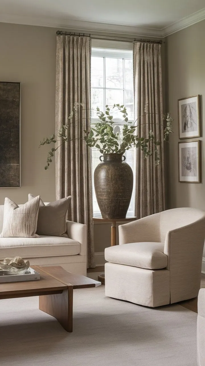 This transitional living room harmoniously blends classic elegance with modern comfort, featuring soft grey walls, warm wood tones, and lush greenery for a sophisticated yet inviting atmosphere.
