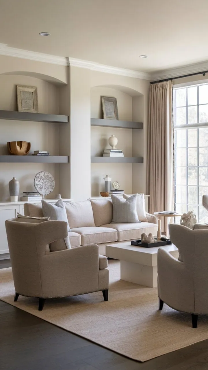 Bathed in sunlight, this transitional living room exudes understated elegance with its soothing beige, gray, and white palette, creating a serene sanctuary of sophistication.