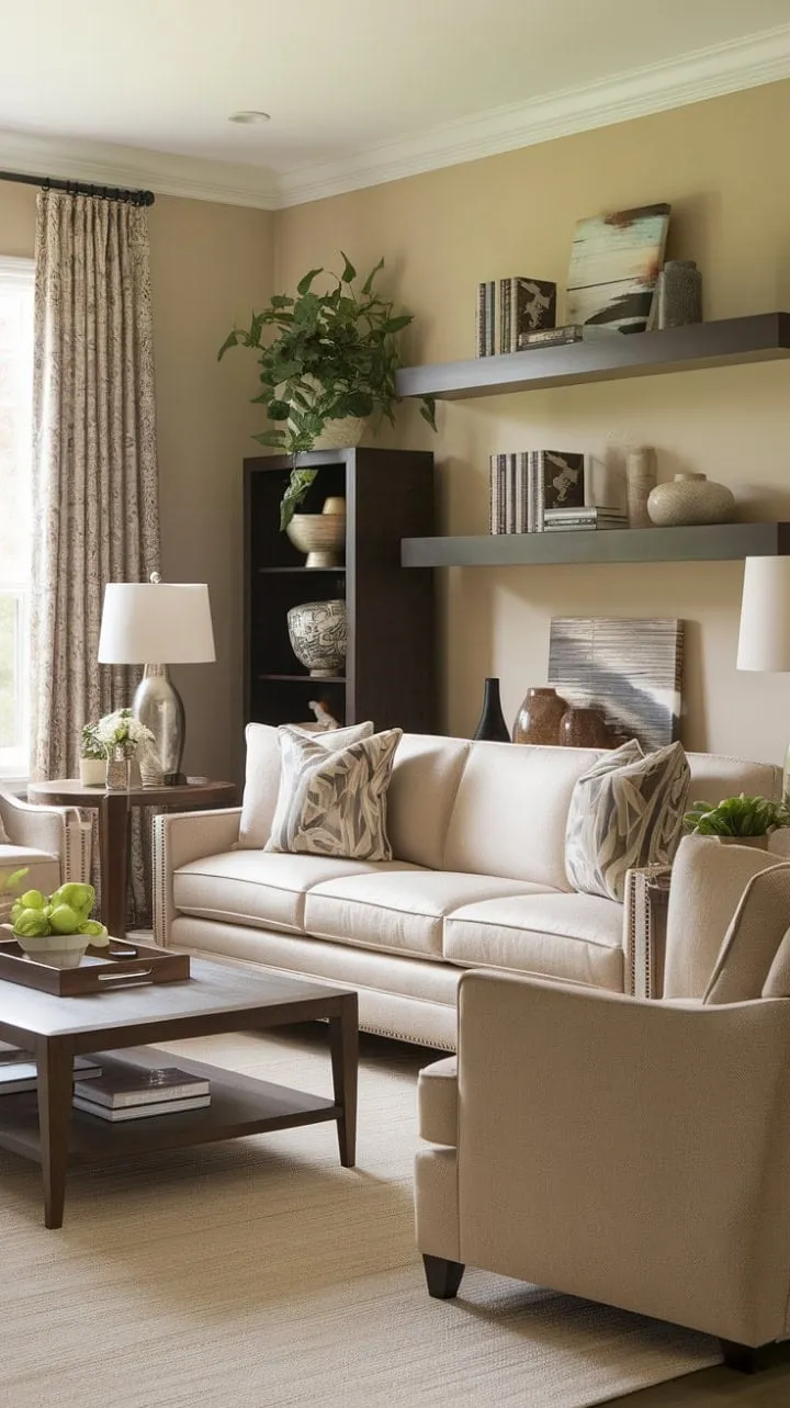 This transitional living room harmoniously blends warmth and sophistication, showcasing rich wood tones and soothing beige for a tranquil yet luxurious retreat.