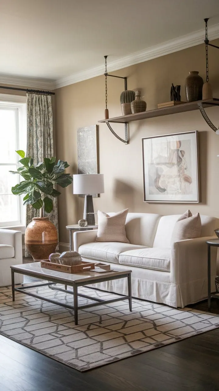 This transitional living room harmoniously blends classic elegance with modern flair, featuring soothing beige walls, sleek white furniture, and rich wood accents that create an inviting yet sophisticated atmosphere.