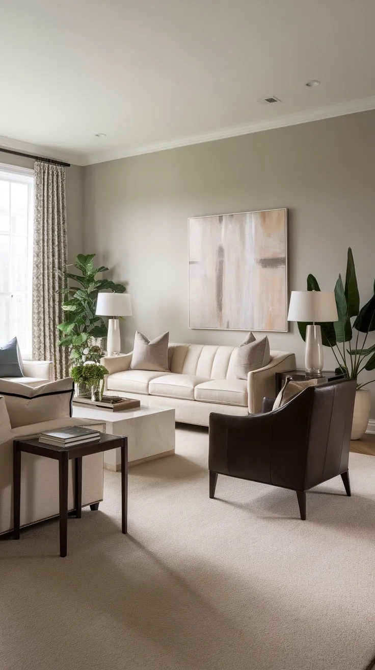 Neutral tones and subtle textures create a sophisticated transitional living space featuring a beige sofa, brown leather chair, and white coffee table.