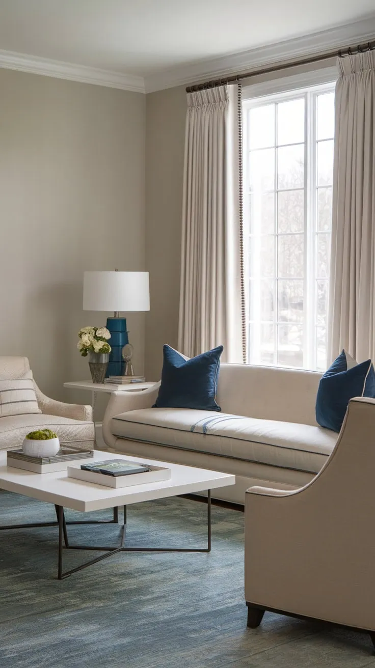 A light gray-walled living room blends classic and contemporary styles with a beige sofa, blue accents, and a white coffee table, creating a tranquil transitional space