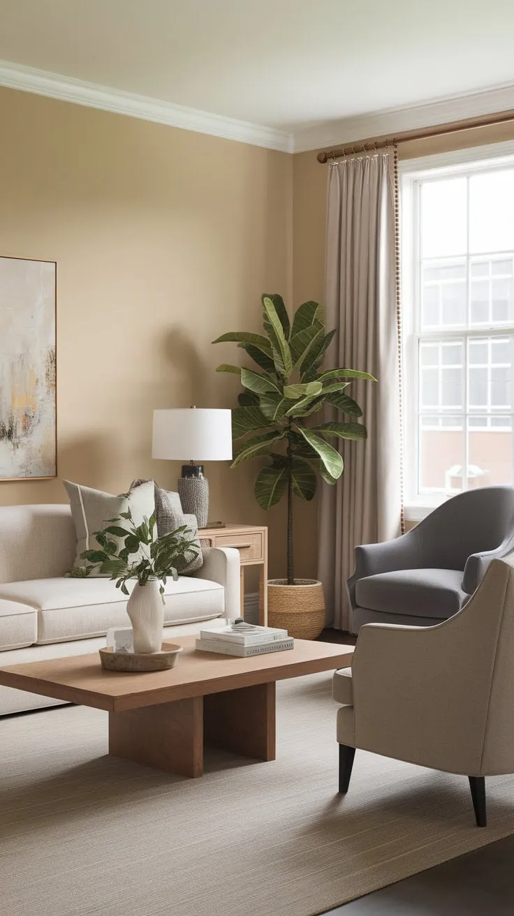 A beige and grey transitional living room, anchored by a wooden coffee table and softened by a plant, exudes classic contemporary style.
