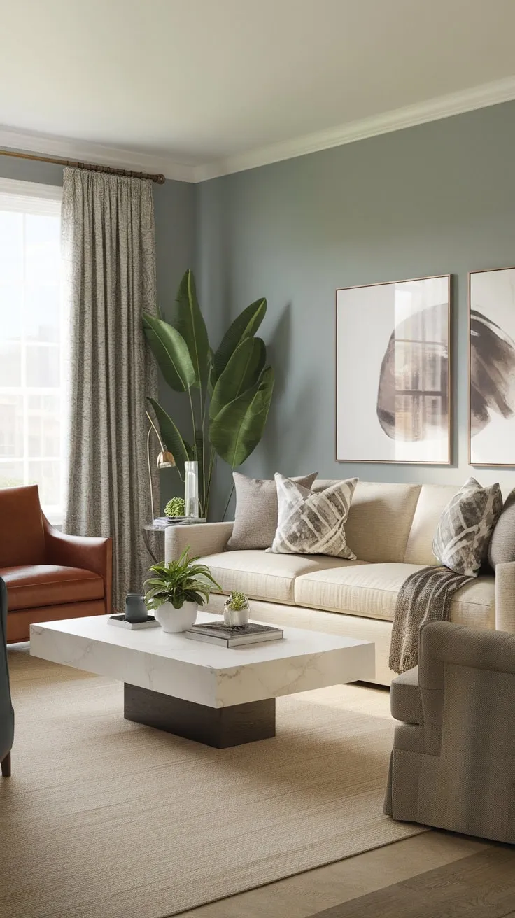 Beige and blue hues unite classic and modern furniture in a calming transitional living room design.