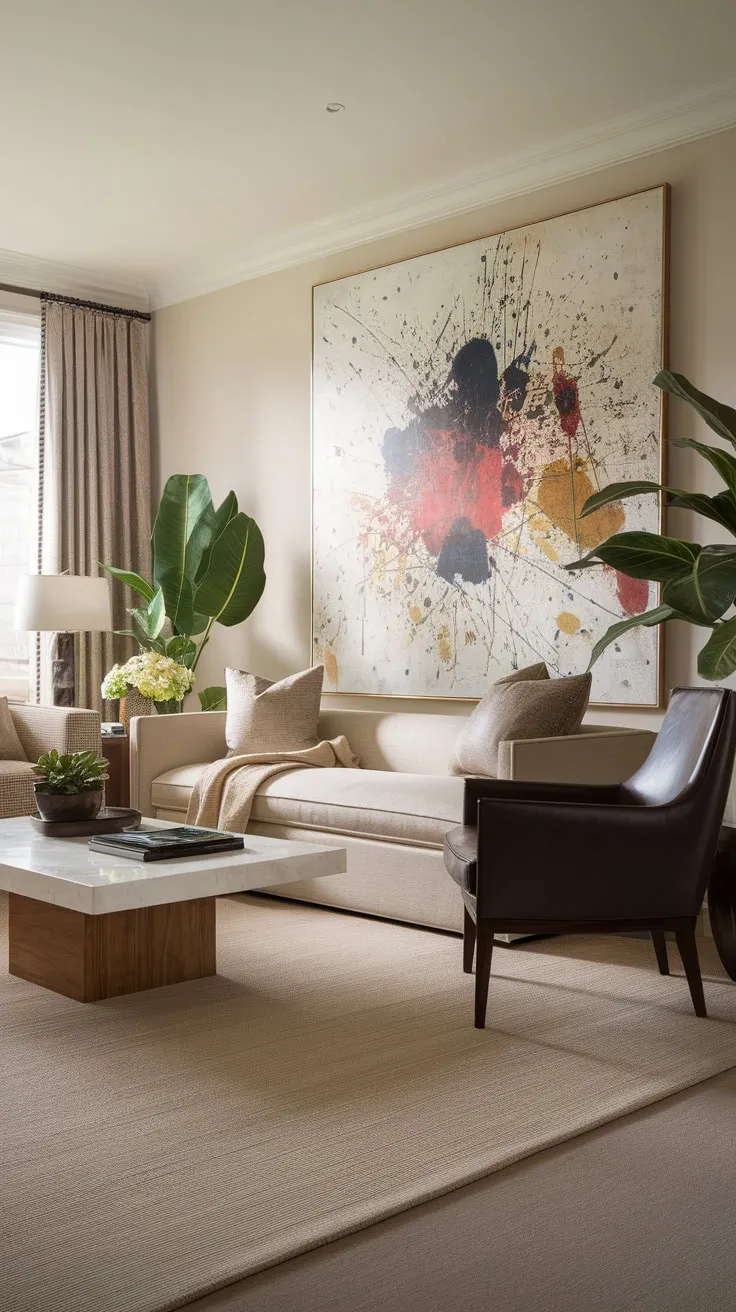 A beige sofa, dark leather chair, and vibrant abstract art create a sophisticated transitional living room blending classic and contemporary styles.