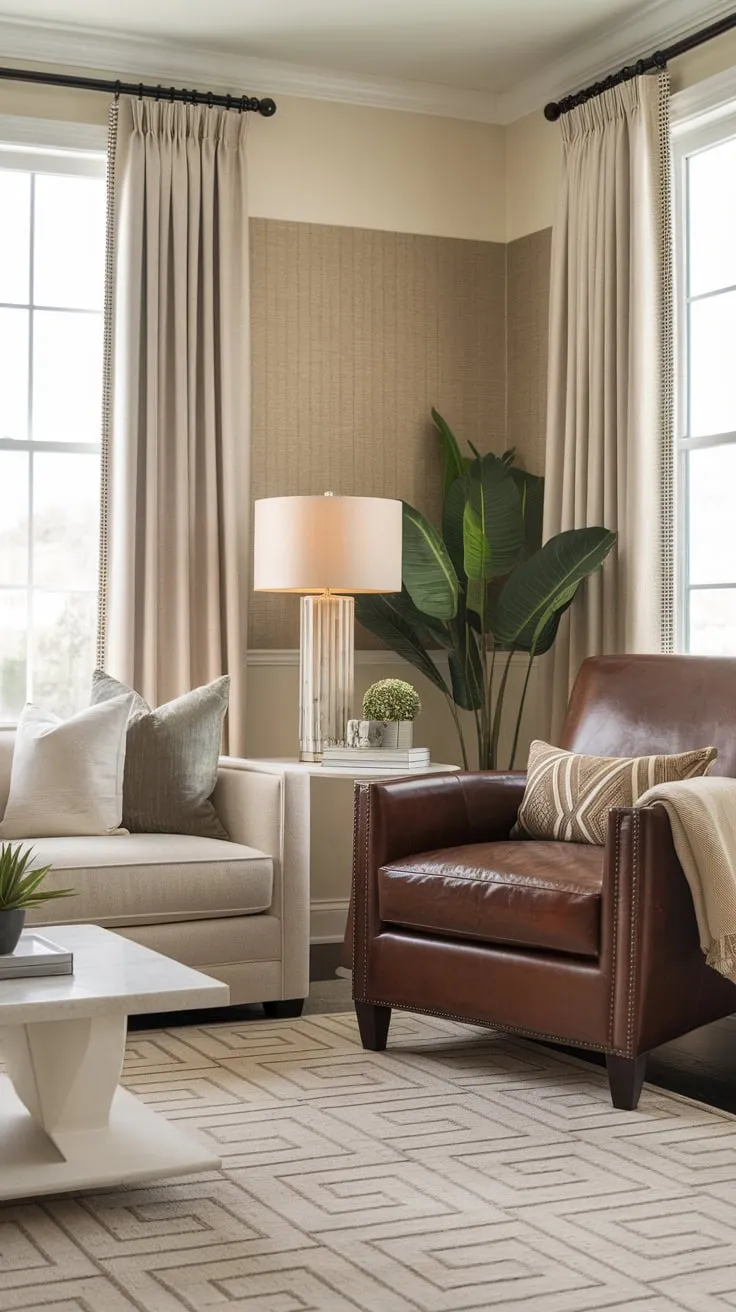 Geometric patterns and subtle textures create a sophisticated transitional space.