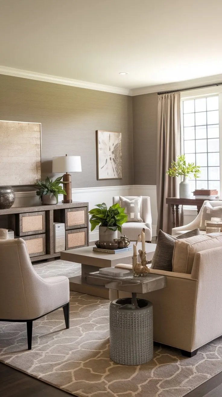 A beige and gray palette, classic furniture, and subtle pattern create a sophisticated transitional living room.