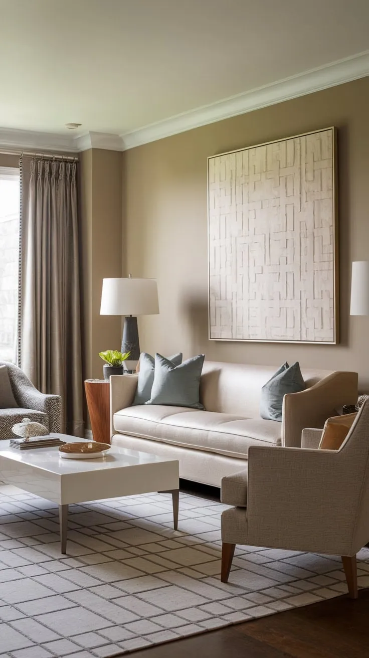 Soft lighting highlights a sophisticated transitional living room, blending classic and contemporary elements in a calming beige and grey palette.