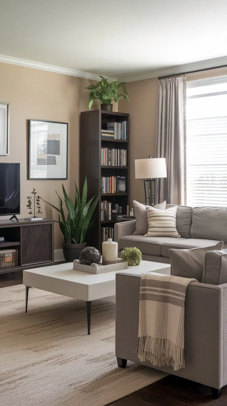 A sophisticated transitional living room blends gray and beige tones, anchored by a gray sofa and complemented by dark wood accents and pops of greenery.