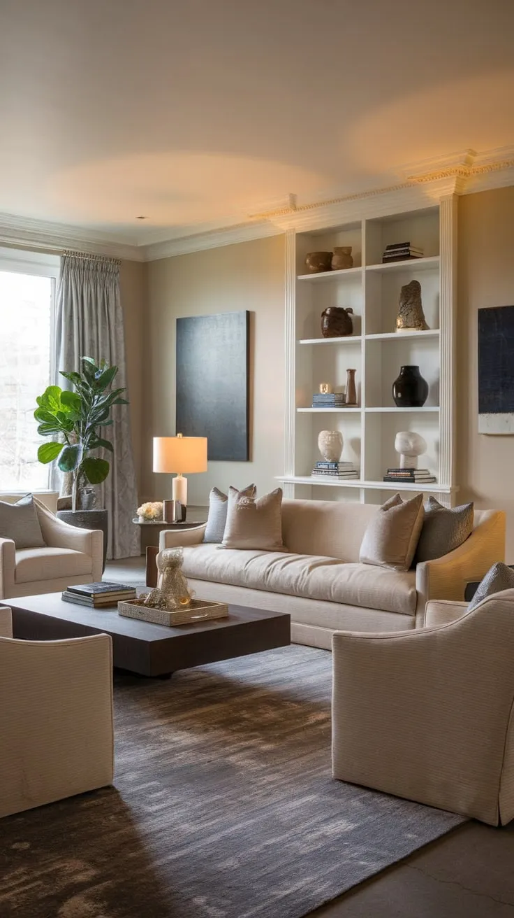 A neutral palette, dark accents, and tasteful artwork create a calming yet stylish transitional living room.
