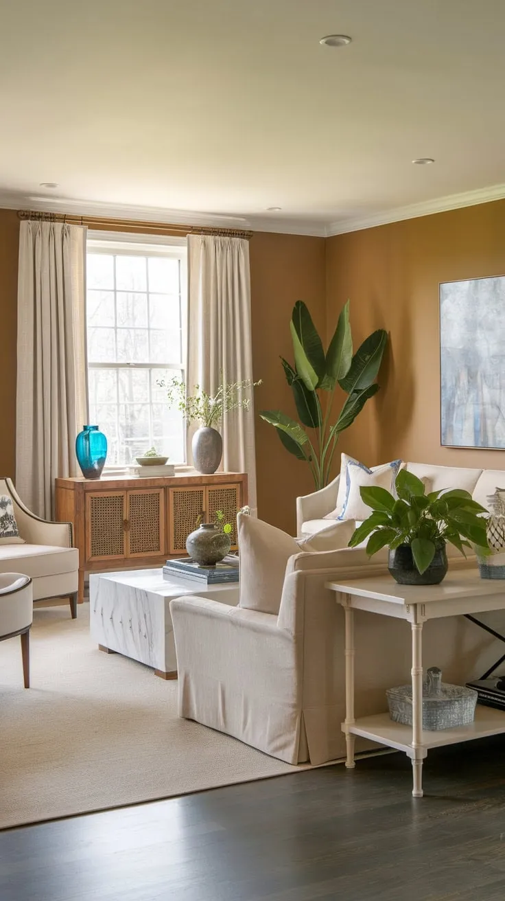 A beige sofa, white coffee table, and pops of blue accent a calming transitional living room with a classic contemporary feel.