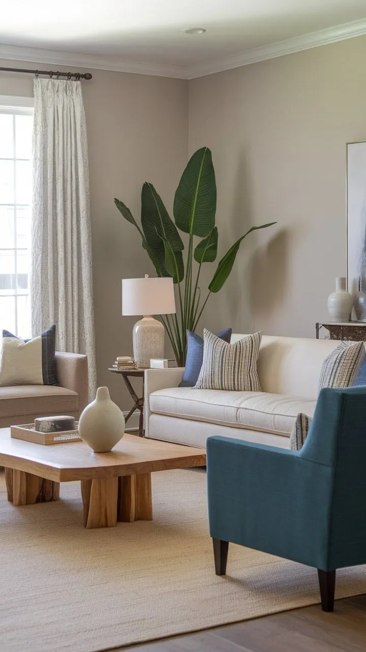 This stylish transitional living room harmoniously combines comfort and elegance with a neutral palette accented by a vibrant blue armchair, all bathed in natural light.