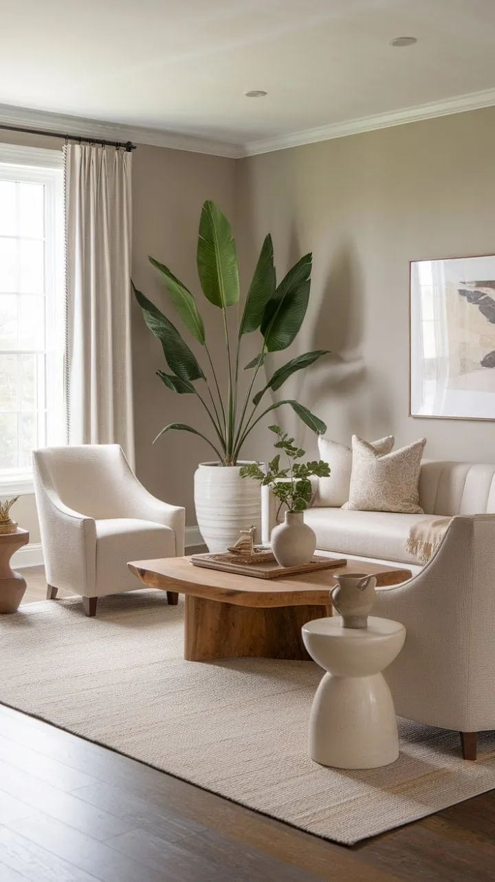 This transitional living room blends neutral tones and clean lines with a statement plant, crafting an inviting sanctuary of calm sophistication and effortless chic.
