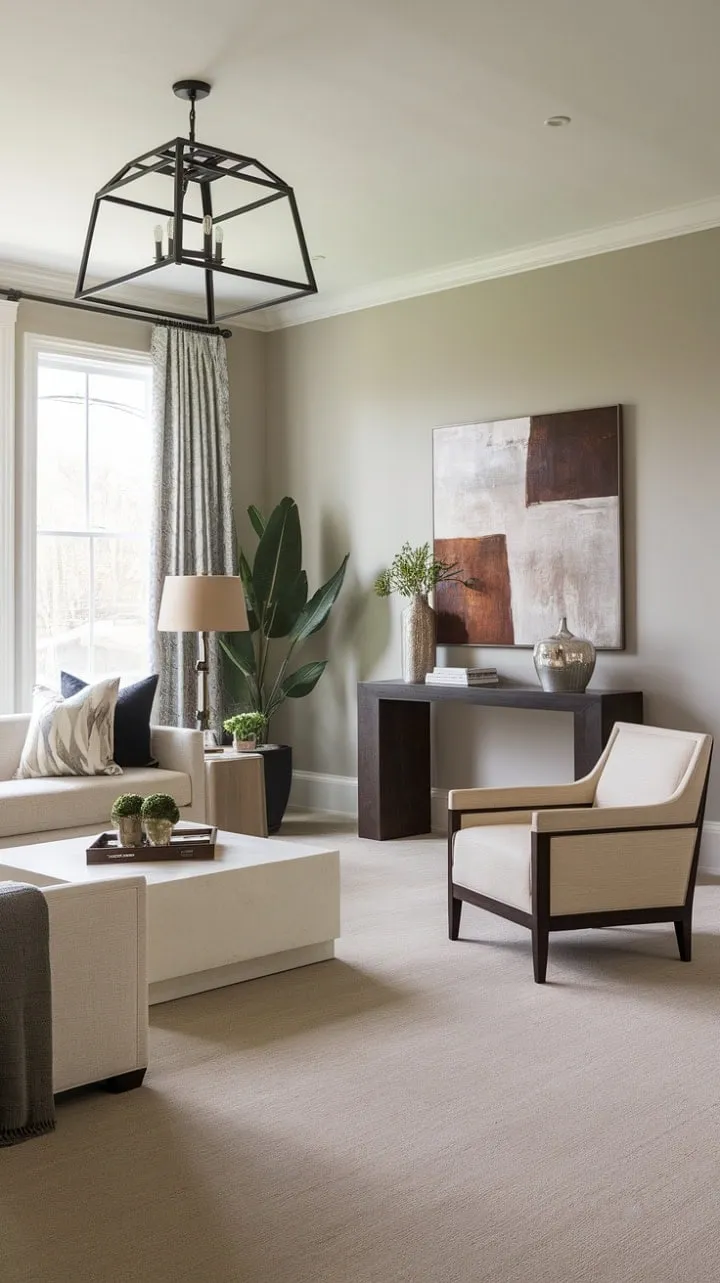 A serene sanctuary blends classic elegance with modern comfort, featuring subtle textures, a neutral palette, and geometric lighting for effortless living.