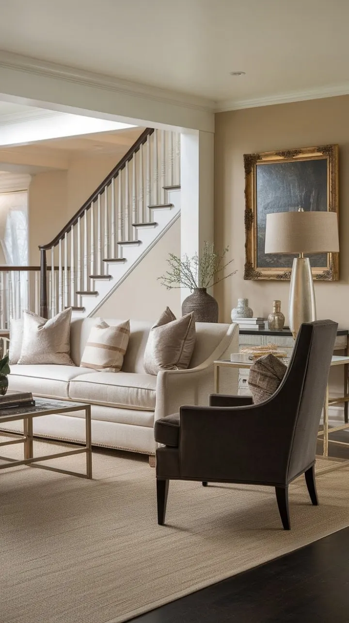 This transitional living space harmoniously fuses classic elegance with modern comfort, creating a serene retreat that celebrates understated luxury through a thoughtful interplay of textures, tones, and light.